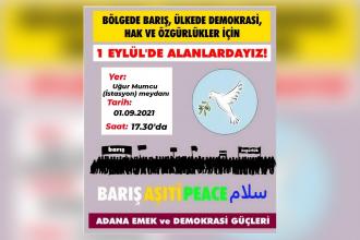 Adana'da 1 Eylül Dünya Barış Günü mitingine çağrı: Bölgede barış, ülkede demokrasi…