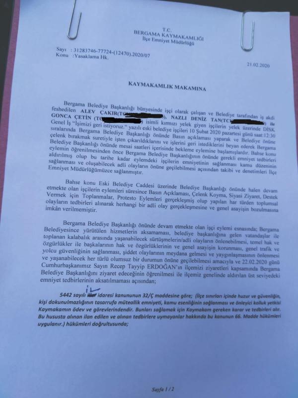 Bergama'da 12 gündür işten atıldıkları için belediye önünde direnen işçilerin eylemlerini yasaklayan kaymakamlık dilekçesi 