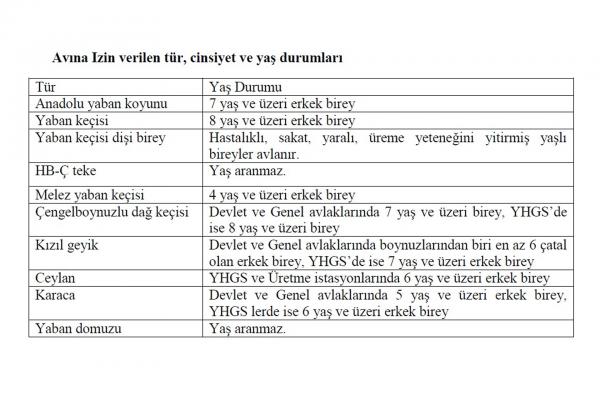 'Avına izin verilen tür, cinsiyet ve yaş durumları' tablosu