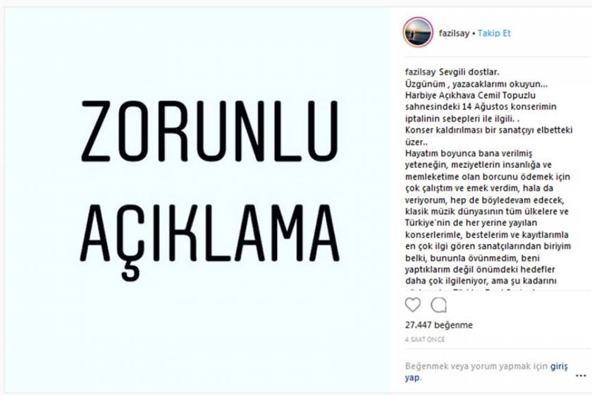 Harbiye Açıkhava konseri iptal edilen Fazıl Say'dan 'zorunlu açıklama'