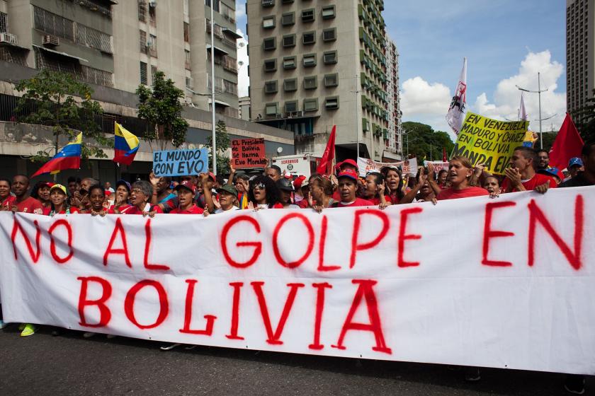 Venezuelans protesting the coup in Bolivia.