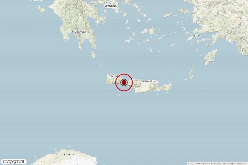 Girit adasında deprem noktasını gösteren harita.