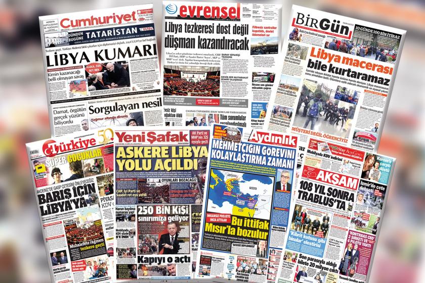 Cumhuriyet, Evrensel, Birgün, Türkiye, Yeni Şafak, Aydınlık ve Akşam gazetelerinin 3 Ocak 2020 tarihli nüshaları