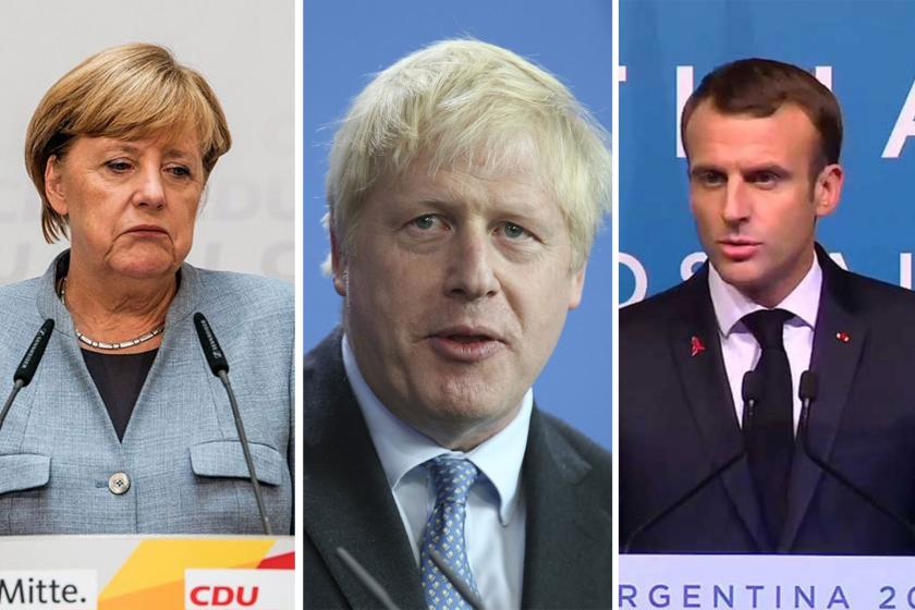 (Soldan sağa) Almanya Başbakanı Angela Merkel, İngiltere Başbakanı Boris Johnson ve Fransa Cumhurbaşkanı Emmanuel Macron