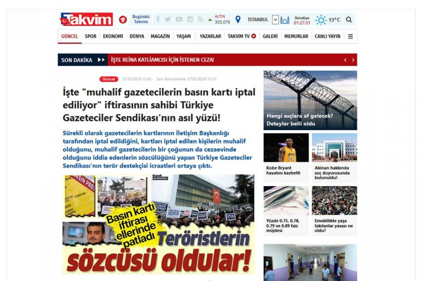 Takvim gazetesinin internet sitesinden alınmış ekran görüntüsünde gazetenin TGS'yi suçladığı başlıklar ve görseller yer alıyor.