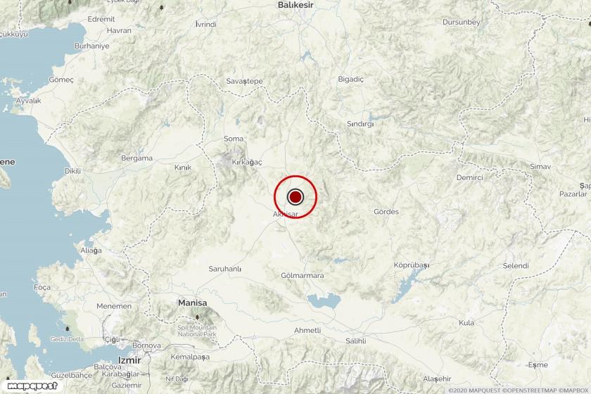 Manisa Akhisar'da 23.02.2020 tarihinde meydana gelen 4.5 büyüklüğündeki depremin merkezini ve çevresini gösteren harita.