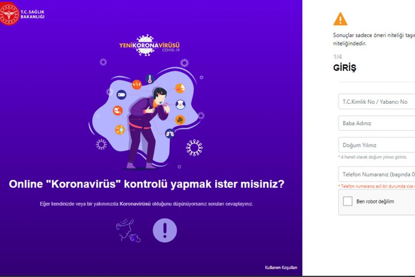 Online koronavirüs kontrolü sayfası