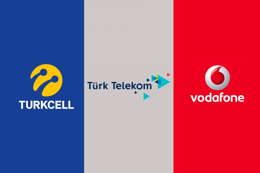 Soldan sağa Turkcell, Türk Telekom ve Vodafone logoları.