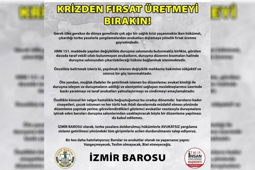 İzmir Barosu hükümetin Hukuk Yargılamaları Kanununa ilişkin açıklamasının görseli