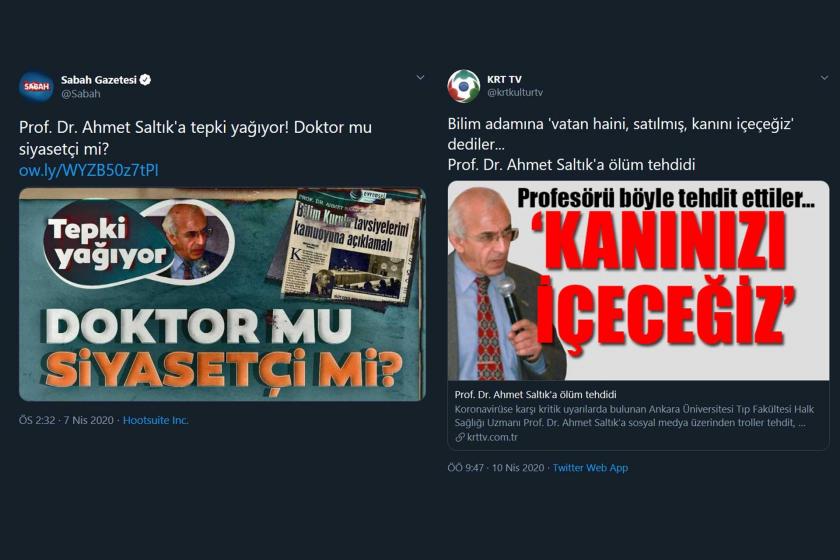 Sabah'ın Prof. Dr. Ahmet Saltık'ı hedef gösterdiği paylaşımı ve Saltın'ın ölümle tehdit edildiğine yönelik haber.