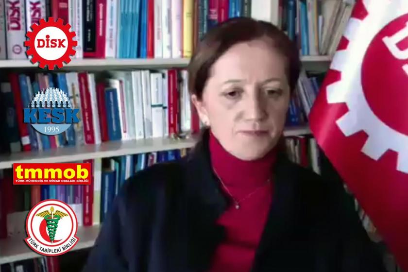 Arzu Çerkezoğlu ve DİSK, KESK, TMMOB ve TTB'nin logoları