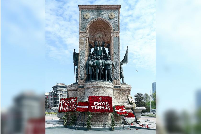 taksim anıtı önünde hak-iş ve türk-iş'in çelenkleri