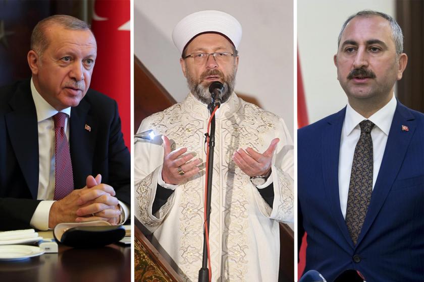 Cumhurbaşkanı Recep Tayyip Erdoğan, Diyanet İşleri Başkanı Ali Erbaş ve Adalet Bakanı Abdülhamit Gül'ün fotoğrafları.