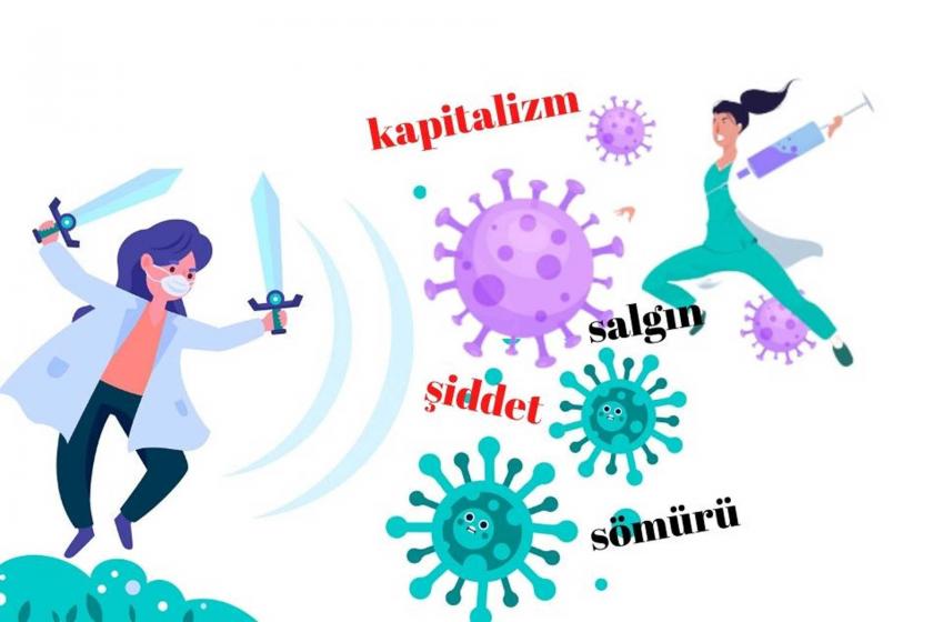 sağlık emekçilerinin koronavirüs ve sistem ile mücadelesine dair illüstrasyon