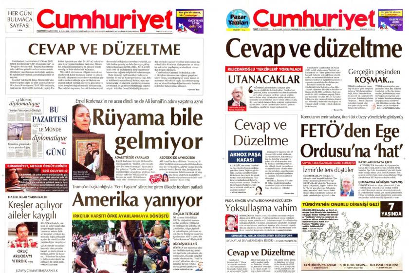 Cumhuriyet'e birinci sayfadan üç ayrı 'tekzip'