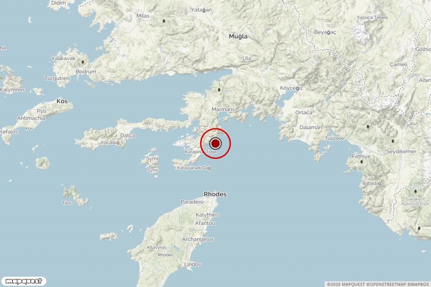 Marmaris'te meydana gelen 5.2 büyüklüğündeki depremin merkez üssünü ve çevresini gösteren harita.