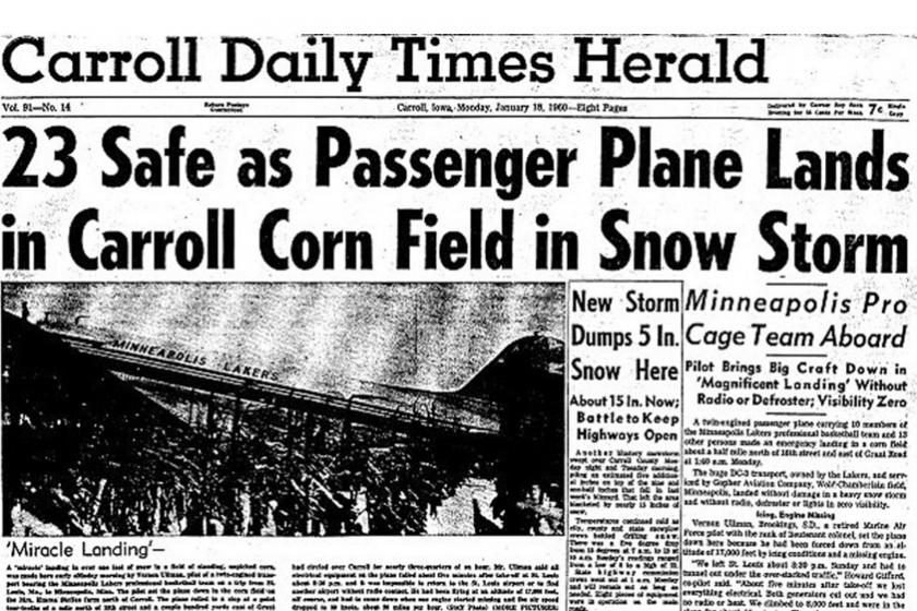 Minneapolis Lakers uçağına ilişkin 18 Ocak 1960 tarihli Carroll Daily Times Herald gazetesinde yer alan haber