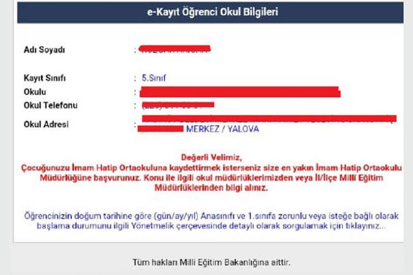 e-Okul sistemi üzerinden alınan ekran görüntüsü