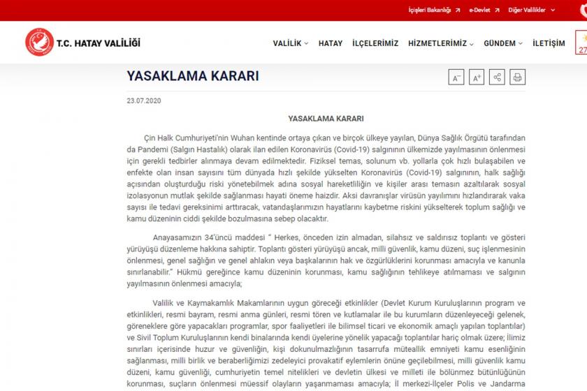 Hatay Valiliğinin yasak kararı