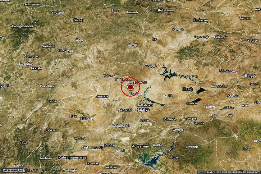 Malatya'da meydana gelen depremin merkez üssünü gösteren harita.