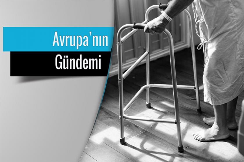 Avrupa'nın Gündemi yazısı (solda) ve sağda yaşlı bir erkek yürüteç ile ayakta duruyor 