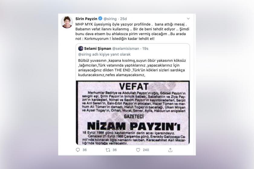 Selami Şişman'ın, Şirin Payzın'ı tehdit ettiği tweet'in ekran alıntısı