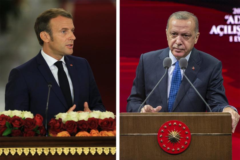 Fransa Cumhurbaşkanı Emmanuel Macron ve Türkiye Cumhurbaşkanı Recep Tayyip Erdoğan'ın fotoğrafları.