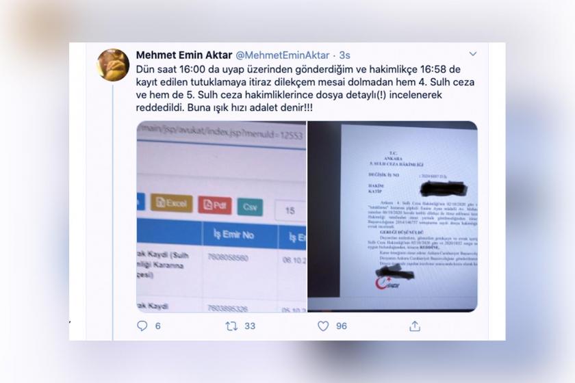 Mehmet Emin Aktar'ın Twitter paylaşımının ekran alıntısı