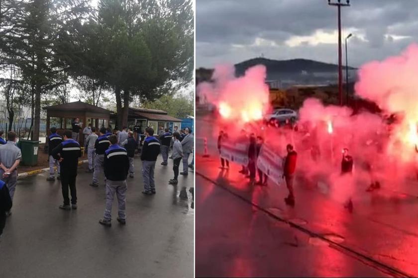 Dostel (solda) ve Makina Takım (sağda) fabrikası işçileri torba yasaya karşı eylem yaptı