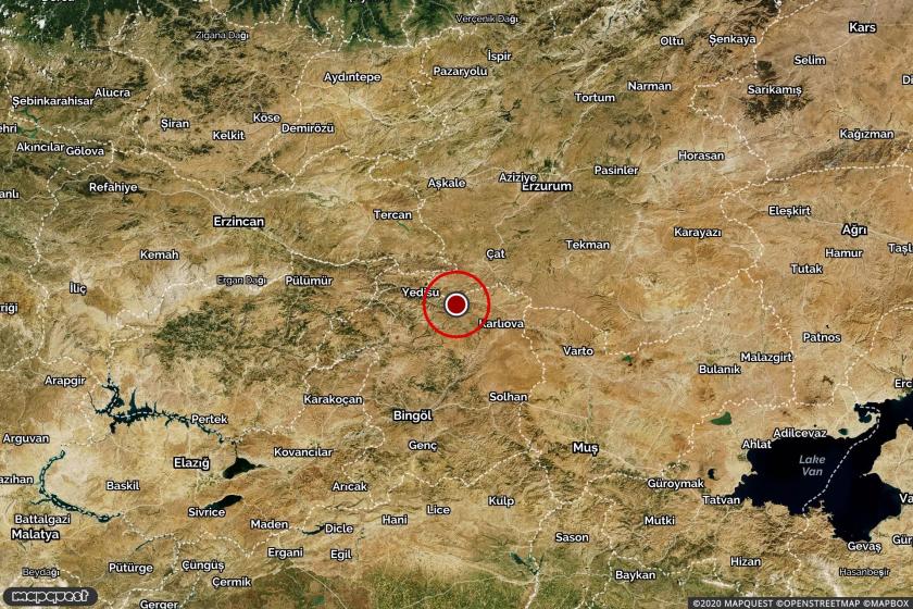 Karlıova'daki depremin merkez üssünü gösteren harita.