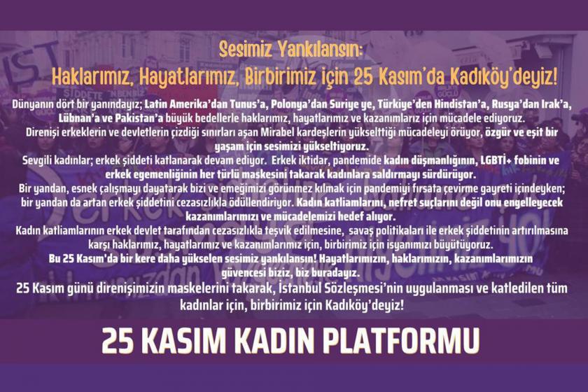 25 Kasım Kadın Platformunun çağrısı