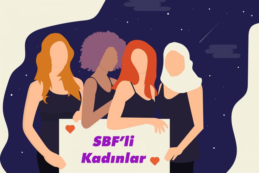 ellerinde SBF'li kadınlar pankartı olan kadınlar illüstrasyonu