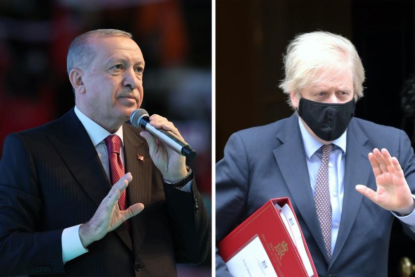 Türkiye Cumhurbaşkanı Recep Tayyip Erdoğan'ın ve İngiltere Başbakanı Boris Johnson'ın fotoğrafları.