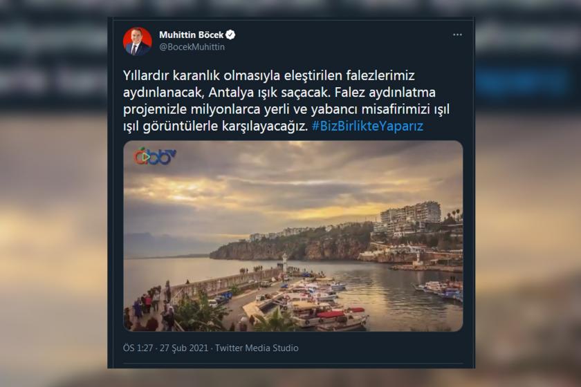 Antalya Büyükşehir Belediye Başkanı Muhittin Böcek'in falezlere aydınlatma yerleştirme projesiyle ilgili Twitter paylaşımı