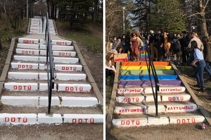 ODTÜ öğrencileri, gökkuşağına boyadıkları merdivenlerin üniversite yönetimi tarafından inatla başka renklere boyanmasını protesto ederek merdivenleri tekrar gökkuşağı renklerine kavuşturdu.