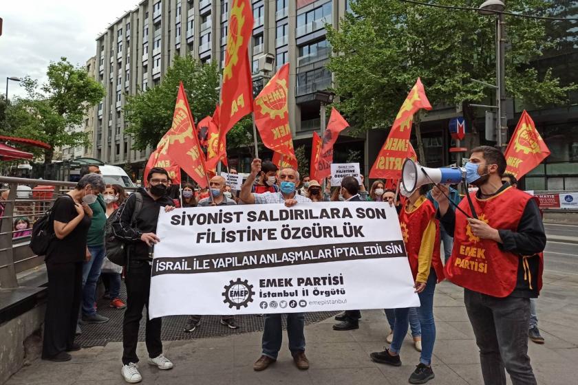 Emek Partisi (EMEP) İstanbul İl Örgütü, Şişli'de yaptığı eylemle İsrail'in saldırılarını kınadı, Filistin halkının direnişine destek verdi.