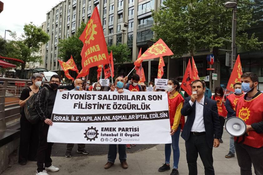 Emek Partisi (EMEP) İstanbul İl Örgütü, Şişli'de yaptığı eylemle İsrail'in saldırılarını kınadı, Filistin halkının direnişine destek verdi.