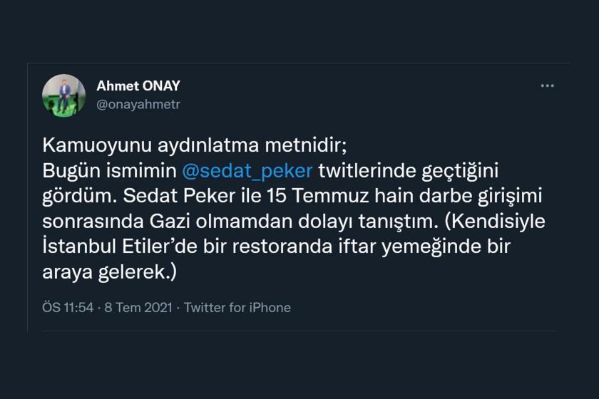 Ahmet Onay'ın Twitter gönderisinden alıntı.