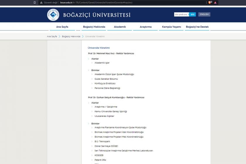 Boğaziçi Üniversitesi web sitesinin ekran görünümü