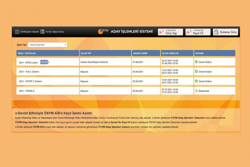 ÖSYM'nin web sitesinden ekran alıntısı
