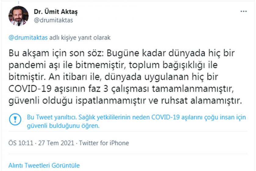 Ümit Aktaş'ın paylaşımının ekran görüntüsü