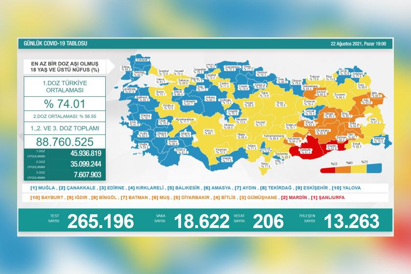 Sağlık Bakanlığının 22 Ağustos 2021 Pazar gününe dair yayımladığı Covid-19 tablosu