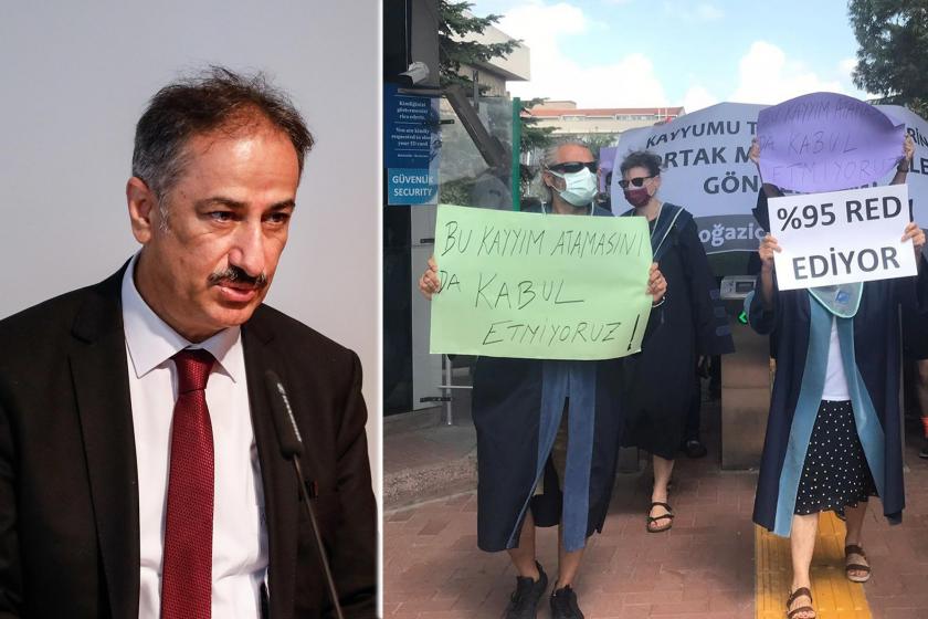 Boğaziçi Üniversitesine kayyum rektör olarak atanan Prof. Dr. M. Naci İnci'nin ve kayyum atamasını kabul etmediklerini belirterek protesto eylemi yapan akademisyenlerin fotoğrafları.