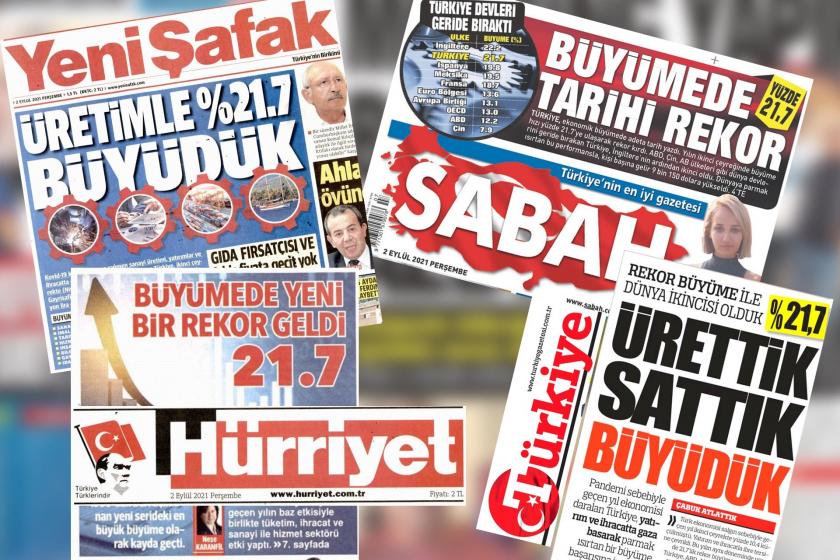 Yeni Şafak, Sabah, Hürriyet ve Türkiye gazetelerinin 2 Eylül 2021 Perşembe günü 'büyüme rakamları' ile ilgili yayınladıkları haberler