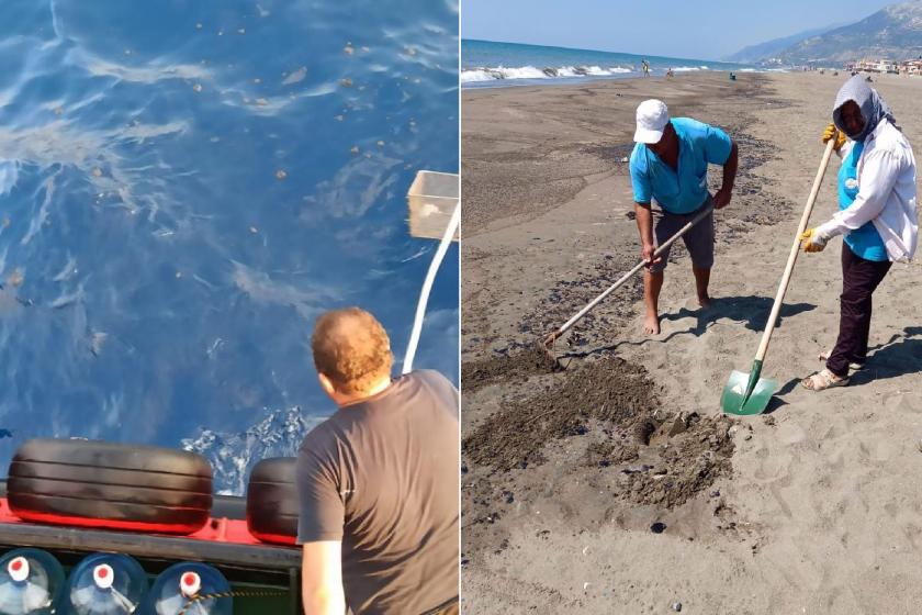 Samandağ'da deniz ve sahildeki petrol temizliği