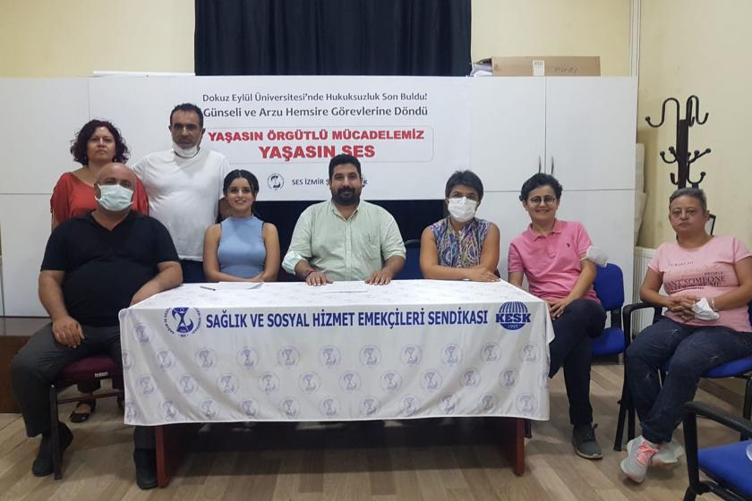 SES İzmir Şubesi, İzmir Dokuz Eylül Üniversitesi Hastanesi'nde görevli iken hukuksuz şekilde uzaklaştırılan Günseli Uğur ve Arzu Sert'in göreve geri dönmelerine dair açıklama yaptı.