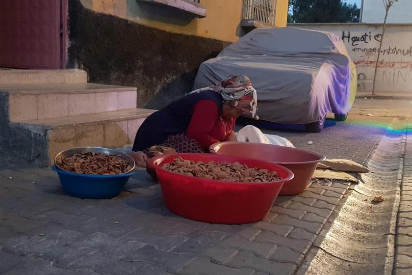 Önünde leyenler, sokakta ceviz kıran kadın