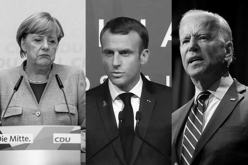 Angela Merkel solda, Emmanuel Macron ortada , Joe Biden sağda