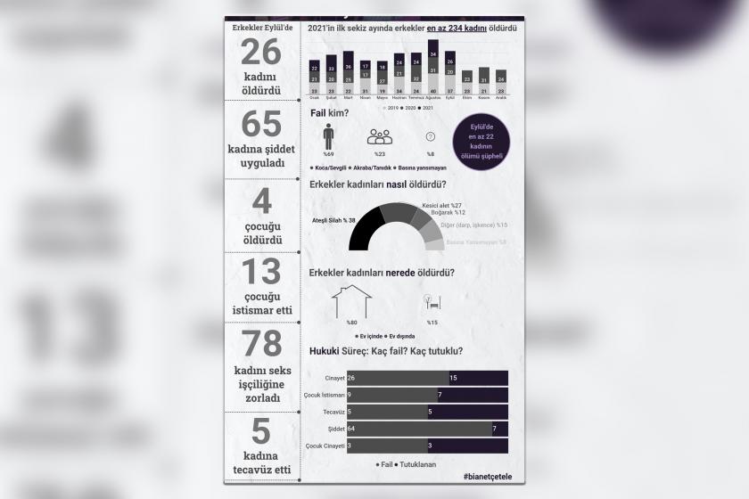 Eylülde en az 26 kadın ve  4 çocuk erkekler tarafından öldürüldü