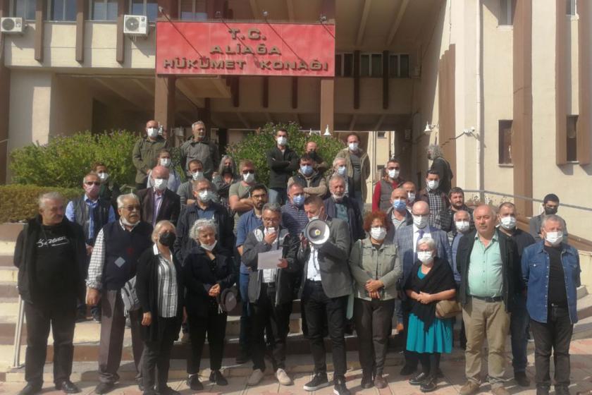 HABAŞ iş cinayeti davası öncesi sendika, oda ve kitle örgütleri Aliağa Hükümet konağı önünde basın açıklaması yaptı. 